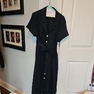 Quince Black Midi Shirt Dress with Self-Tie Waist
